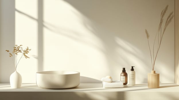 A white bathroom with a sink, toilet and a vase photo