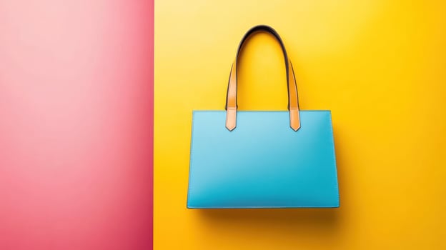 Blue and pink handbag on yellow and pink background photo