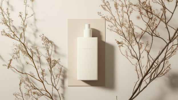 A bottle of lotion sitting on a wall next to dried plants photo