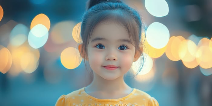 Young girl with bright smile in yellow dress surrounded by soft glowing lights at evening outdoor gathering photo