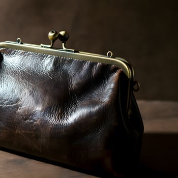 Close up vintage brown leather coin purse with brass clasp retro fashion accessory on wooden surface warm lighting photo