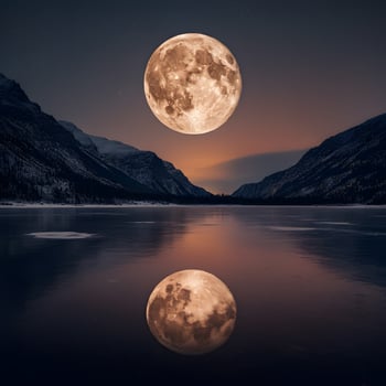 Full moon rising over lake reflecting on calm water between snowy mountain peaks at dusk photo