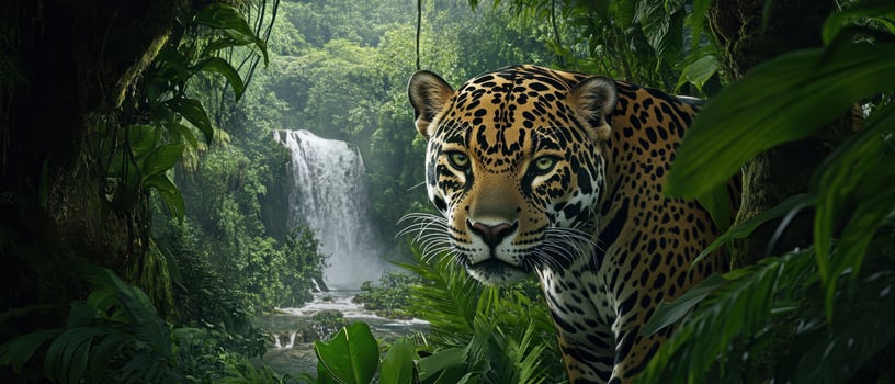 A majestic jaguar peers through lush jungle foliage, with a waterfall cascading in the background, showcasing the beauty of wildlife and nature. photo