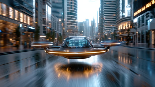 A futuristic flying car is driving down a city street photo