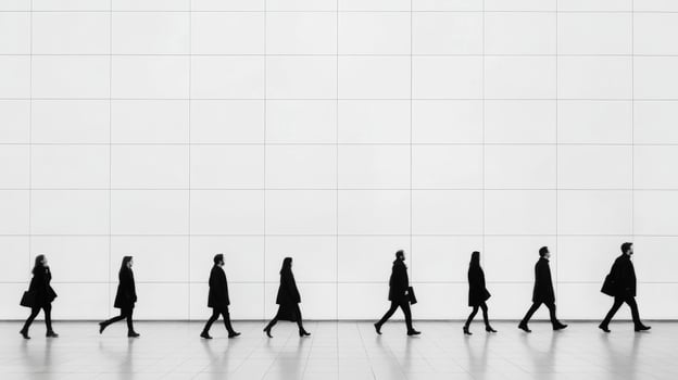 Walking in unison along a minimalist urban backdrop photo