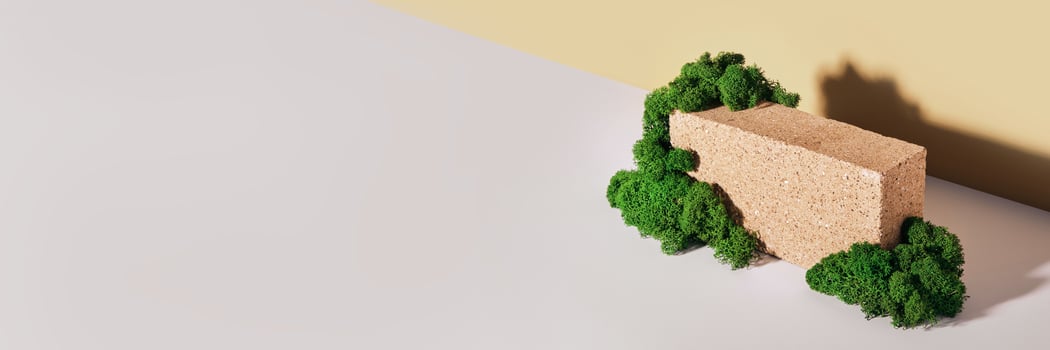 Banner with podium made of Brick and moss. Mockup for products and accessories. Biophilic design, isometric view photo