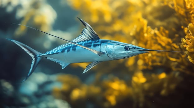A blue fish with long fins and pointed nose photo