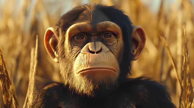A close-up of a chimpanzee's face in its natural habitat photo