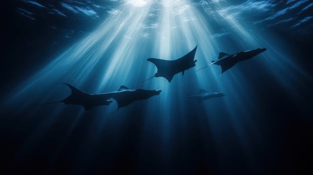 Manta rays swimming in the ocean at sunset photo