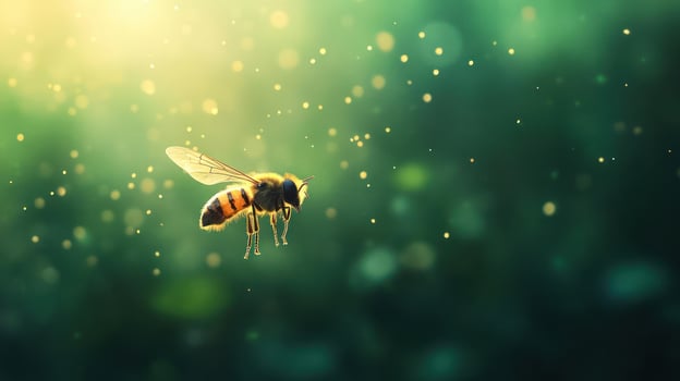 A bee flying through a green background with yellow lights. photo