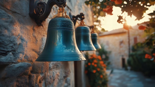 Church bells hanging on a stone wall at sunset photo