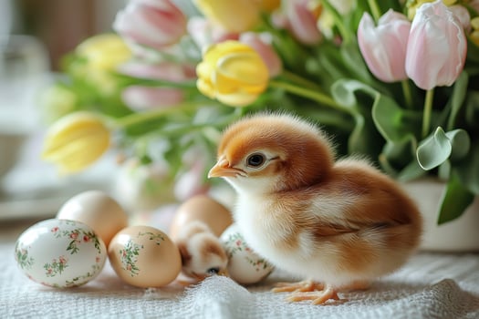 Cute baby chicken standing next to easter eggs and spring flowers photo