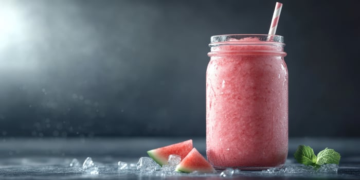 Refreshing watermelon smoothie served in a jar with ice and mint leaves on a dark background photo