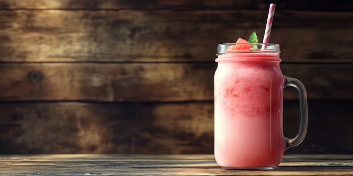 Refreshing watermelon smoothie served in a mason jar on a rustic wooden table in a cozy setting photo