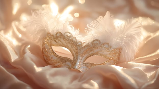 Elegant venetian carnival mask with feathers and golden accents on a silk fabric photo