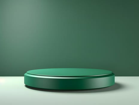 Green round pedestal on a white table with a green wall photo
