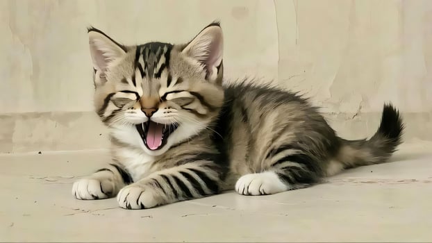 A kitten yawning on the floor photo
