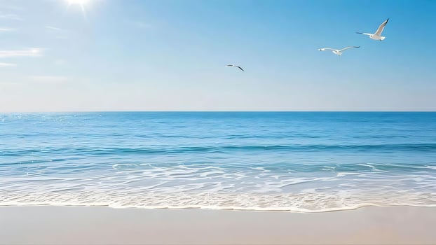 Seagulls flying over the ocean on a sunny day photo