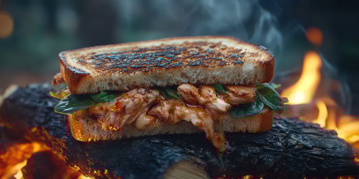 Delicious grilled chicken sandwich served over a campfire in the woods while enjoying outdoor cooking photo