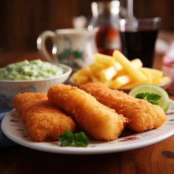 plate of fried fish and chips with tartar sauce photo