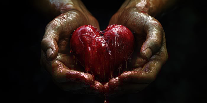 Hands cradling a dripping red heart symbolizing love, vulnerability, and sacrifice in a dark setting photo
