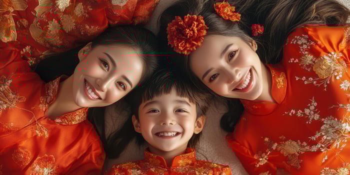 Three children and women wearing vibrant traditional outfits relax together during a festive celebration at home in a cozy setting photo