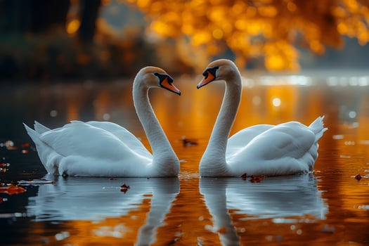 Romantic Swans on Autumn Lake - Serene Wildlife Photography for Posters and Cards photo