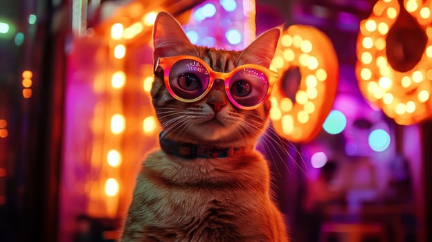 A cat wearing glasses in front of neon lights photo