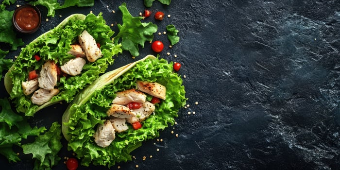 Fresh grilled chicken wraps with lettuce and cherry tomatoes on a dark stone background photo