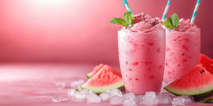 Refreshing watermelon smoothies served in chilled glasses with mint garnish on a pink background photo