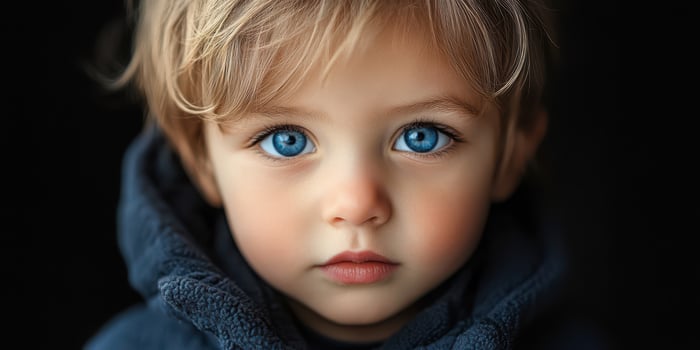 Young child with striking blue eyes and light hair wearing a dark hoodie poses for a close-up portrait indoors photo