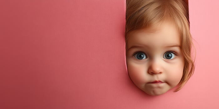 Toddler peeking through a hole in a pink backdrop showing curiosity and wonder during a playful moment in a studio setting photo