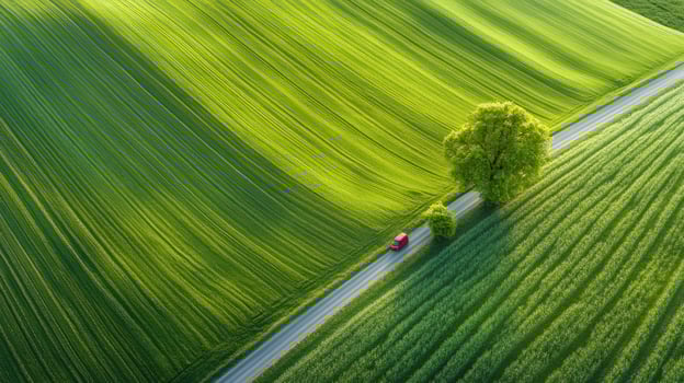 Aerial view of vibrant green fields with red car on country road beneath tree photo