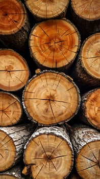 A close-up view of cut logs displaying their natural wood grain and rough bark. photo