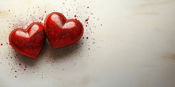 Two red hearts with a splash of color on a neutral background celebrate love and affection perfectly photo