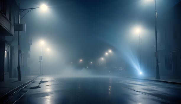 A street at night with street lights and fog photo