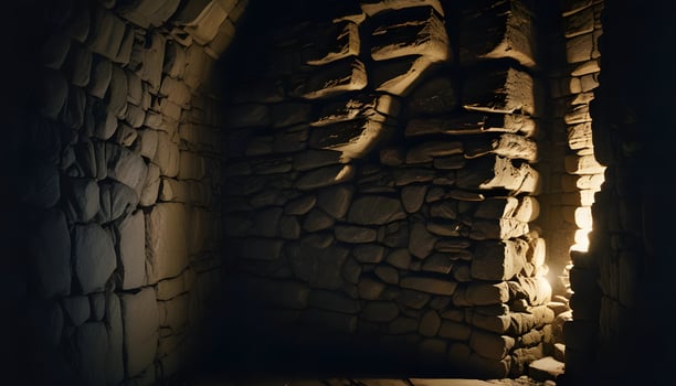 A dark tunnel with a light coming from the wall photo
