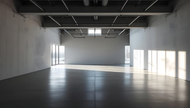 Empty room with white walls and large windows photo