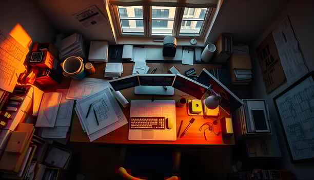 A desk with a laptop and papers on it photo