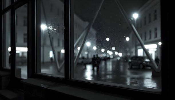 A black and white photo of a street at night