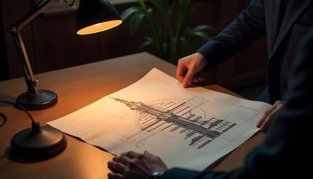 Architect Examining Detailed Blueprint Under Warm Light photo