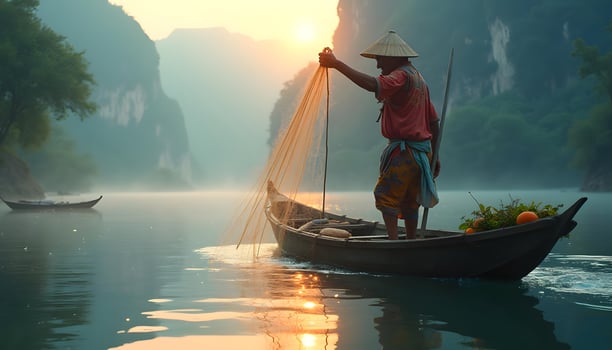 A Tranquil Sunrise Scene of a Fisherman on a Serene River photo