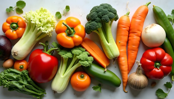 A variety of vegetables are arranged on a table photo