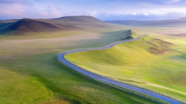 Aerial view of winding road through rolling green hills on a sunny day photo