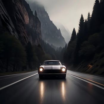 Classic Sports Car Driving Through Majestic Mountain Pass on a Rainy Day photo