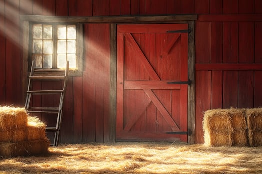 red barn door, surrounded by hay bales and a rustic wooden ladder with sunlight from window photo