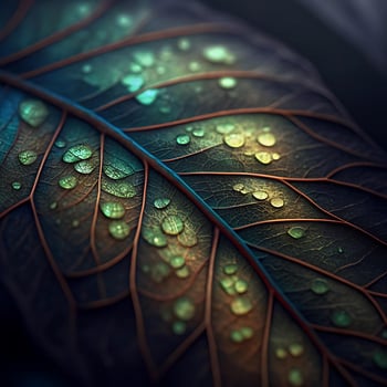 Closeup of a leaf with water droplets reflecting light, showcasing intricate vein patterns and vibrant jeweltoned colors photo