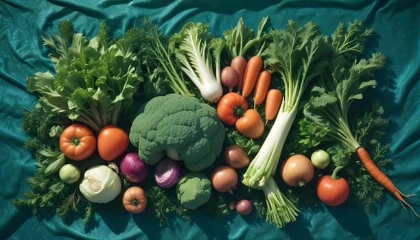 A large pile of vegetables on a blue cloth photo