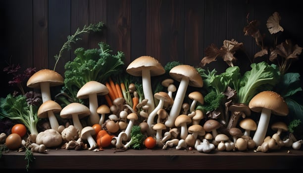 A variety of mushrooms and vegetables are arranged on a wooden shelf photo