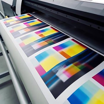 Large Format Color Printer Producing Vibrant Colorful Prints on a Roll of Paper photo